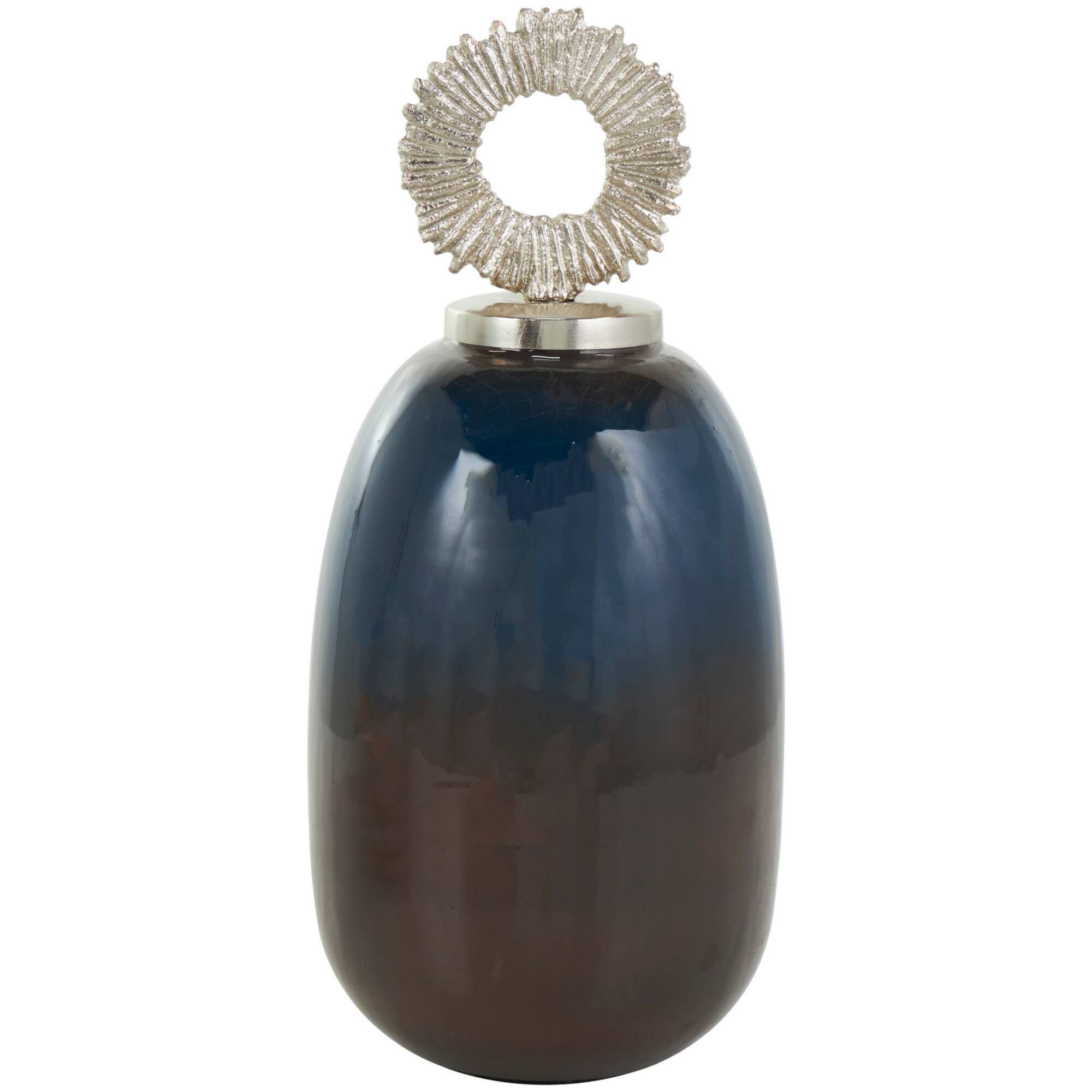 Blue Metal Ombre Decorative Jars with Brown Accents & Silver Ring Handles Set